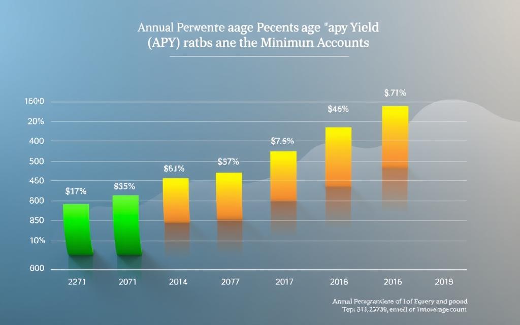 A detailed comparison of Annual Percentage Yields (APY) and minimum balances in savings accounts illustrated through an elegant financial infographic. In the foreground, feature bar graphs showing different APY rates, with the highest yielding accounts illuminated in bright greens and golds, while minimum balance thresholds are represented as horizontal lines in a contrasting color. The middle layer should present visually distinct accounts with icons representing different banks. In the background, a subtle financial market theme can be depicted, with soft gradients of blue and grey symbolizing stability. Use a slightly overhead perspective to enhance clarity. Soft, natural lighting creates a professional atmosphere, ideal for a financial analysis article. Ensure all elements are free of text overlays or branding. A detailed comparison of Annual Percentage Yields (APY) and minimum balances in savings accounts illustrated through an elegant financial infographic. In the foreground, feature bar graphs showing different APY rates, with the highest yielding accounts illuminated in bright greens and golds, while minimum balance thresholds are represented as horizontal lines in a contrasting color. The middle layer should present visually distinct accounts with icons representing different banks. In the background, a subtle financial market theme can be depicted, with soft gradients of blue and grey symbolizing stability. Use a slightly overhead perspective to enhance clarity. Soft, natural lighting creates a professional atmosphere, ideal for a financial analysis article. Ensure all elements are free of text overlays or branding.