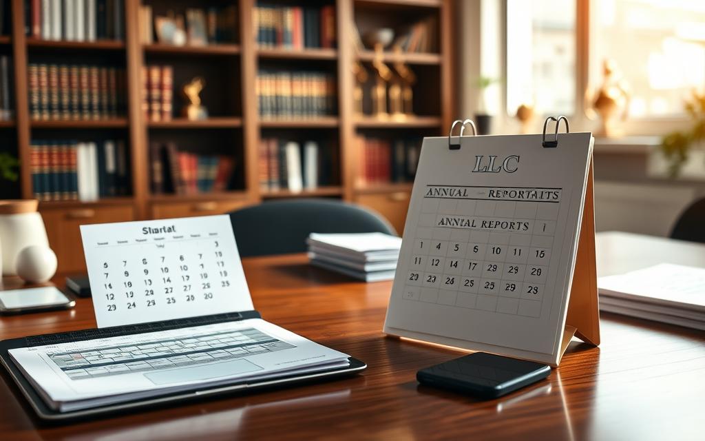 A detailed office scene showcasing a calendar on a polished wooden desk, indicating annual reports and state payment deadlines for an LLC. In the foreground, a stylish laptop with financial spreadsheets open, alongside a neat pile of documents and a sleek smartphone displaying a calendar app. In the middle, soft natural light filters through a large window, casting gentle shadows across the scene, enhancing a sense of organization and professionalism. The background features a bookshelf filled with business books and awards, creating a sense of success and stability. The overall mood is focused and productive, ideal for illustrating important business milestones. The composition uses a slight tilt angle to give depth, ensuring a visually engaging perspective.