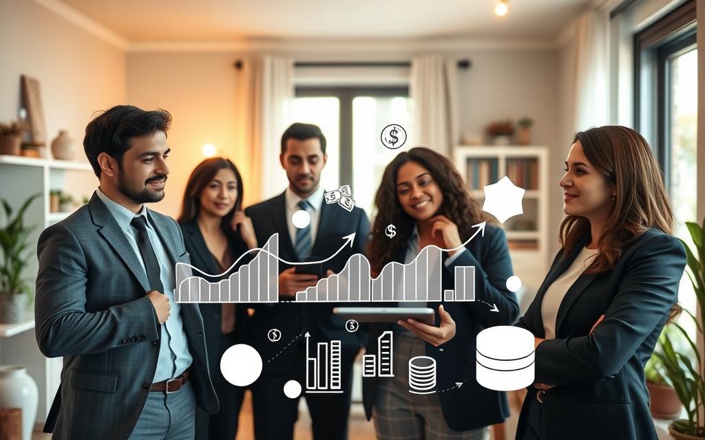 A flexible savings plan visualization with a focus on automatic savings after receiving variable income. In the foreground, depict a diverse group of professionals in business attire, thoughtfully contemplating their finances with a digital tablet showing fluctuating graphs and charts. In the middle, illustrate a dynamic flow of money symbols and savings icons, symbolizing the transition from variable income to savings. In the background, create a cozy home office environment with a warm, inviting atmosphere, bathed in soft, natural light from a window. Use a wide angle to capture the scene, with a focus on the professionals' engaged expressions, conveying a sense of empowerment and financial security. A flexible savings plan visualization with a focus on automatic savings after receiving variable income. In the foreground, depict a diverse group of professionals in business attire, thoughtfully contemplating their finances with a digital tablet showing fluctuating graphs and charts. In the middle, illustrate a dynamic flow of money symbols and savings icons, symbolizing the transition from variable income to savings. In the background, create a cozy home office environment with a warm, inviting atmosphere, bathed in soft, natural light from a window. Use a wide angle to capture the scene, with a focus on the professionals' engaged expressions, conveying a sense of empowerment and financial security.