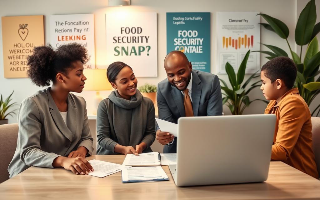 A professional setting depicting a family consultation for SNAP benefits in a bright, welcoming atmosphere. In the foreground, a diverse group of three people—the parents in modest, professional attire and a child in casual clothing—sitting at a neatly arranged table with paperwork, looking engaged and hopeful. In the middle, a friendly financial advisor, dressed in business attire, is explaining information on benefits, with graphs and charts displayed on a laptop. The background features a cozy office environment with warm lighting, motivational posters about food security, and greenery to enhance comfort. The scene conveys a mood of support and positivity, highlighting the importance of assistance in achieving food security.