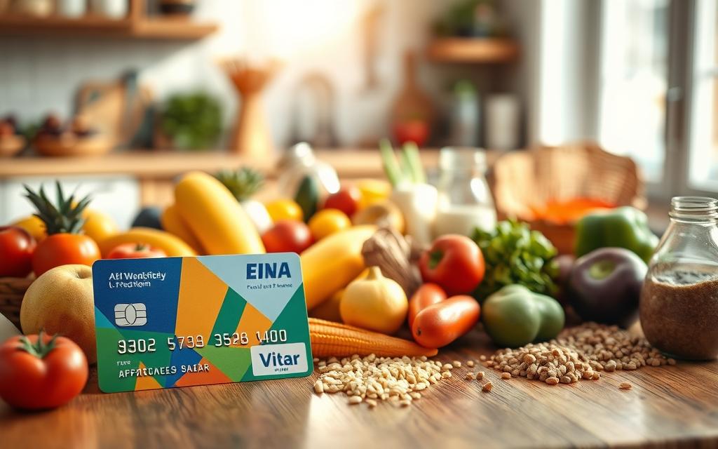A vibrant, realistic depiction of an EBT card prominently displayed in the foreground, surrounded by a colorful assortment of fresh fruits and approved SNAP food items, such as vegetables, grains, and dairy products. The EBT card should be clearly visible, showcasing its distinctive design and colors. In the middle ground, a warm, inviting kitchen setting features a wooden table laden with the food items, with soft sunlight streaming in from a nearby window, casting gentle shadows. The background could include elements like a fruit bowl and kitchen utensils, enhancing the homey atmosphere. The overall mood is uplifting and supportive, reflecting a sense of nourishment and community, captured through soft focus and warm lighting that evoke a sense of hope and assistance.