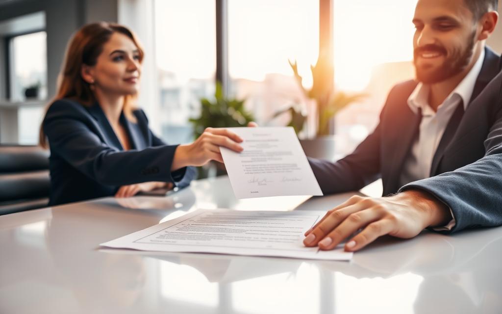 Two business partners in a modern office setting, seated at a sleek conference table, are signing a formal operational agreement. One partner, a woman in a tailored navy suit, is handing over the document to a man dressed in a crisp white shirt with a dark blazer. In the foreground, a close-up of the signed document, highlighting the signature lines and official seals. The middle ground features a bright and airy office space with a large window letting in natural sunlight, casting a warm glow over the scene. In the background, a potted plant adds a touch of greenery. The atmosphere is professional and collaborative, evoking a sense of achievement and partnership. The lighting is soft but focused, with a shallow depth of field emphasizing the signing moment.